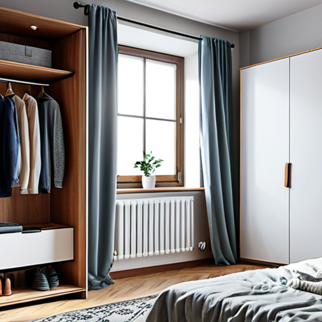 미세먼지의 실내 유입 경로 - Clothing & Air Purifier**
"A cozy, well-lit bedroom with a stylish open wardrobe showcasing fully c...