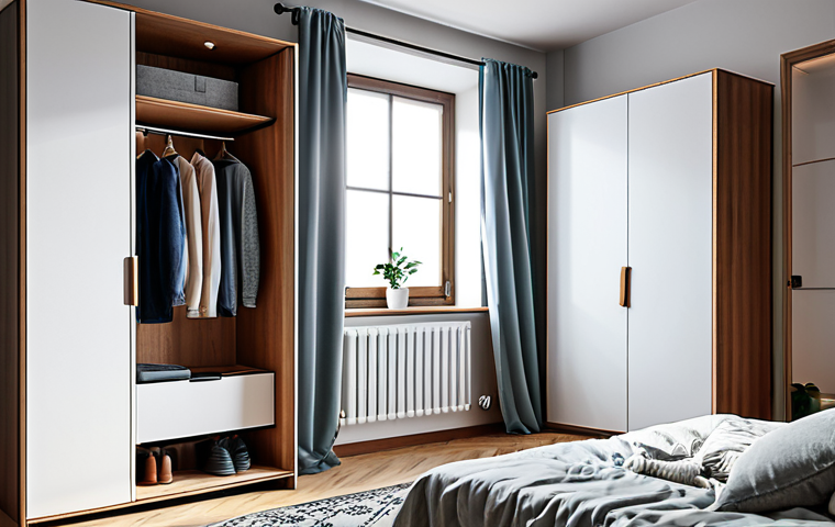 미세먼지의 실내 유입 경로 - Clothing & Air Purifier**
"A cozy, well-lit bedroom with a stylish open wardrobe showcasing fully c...