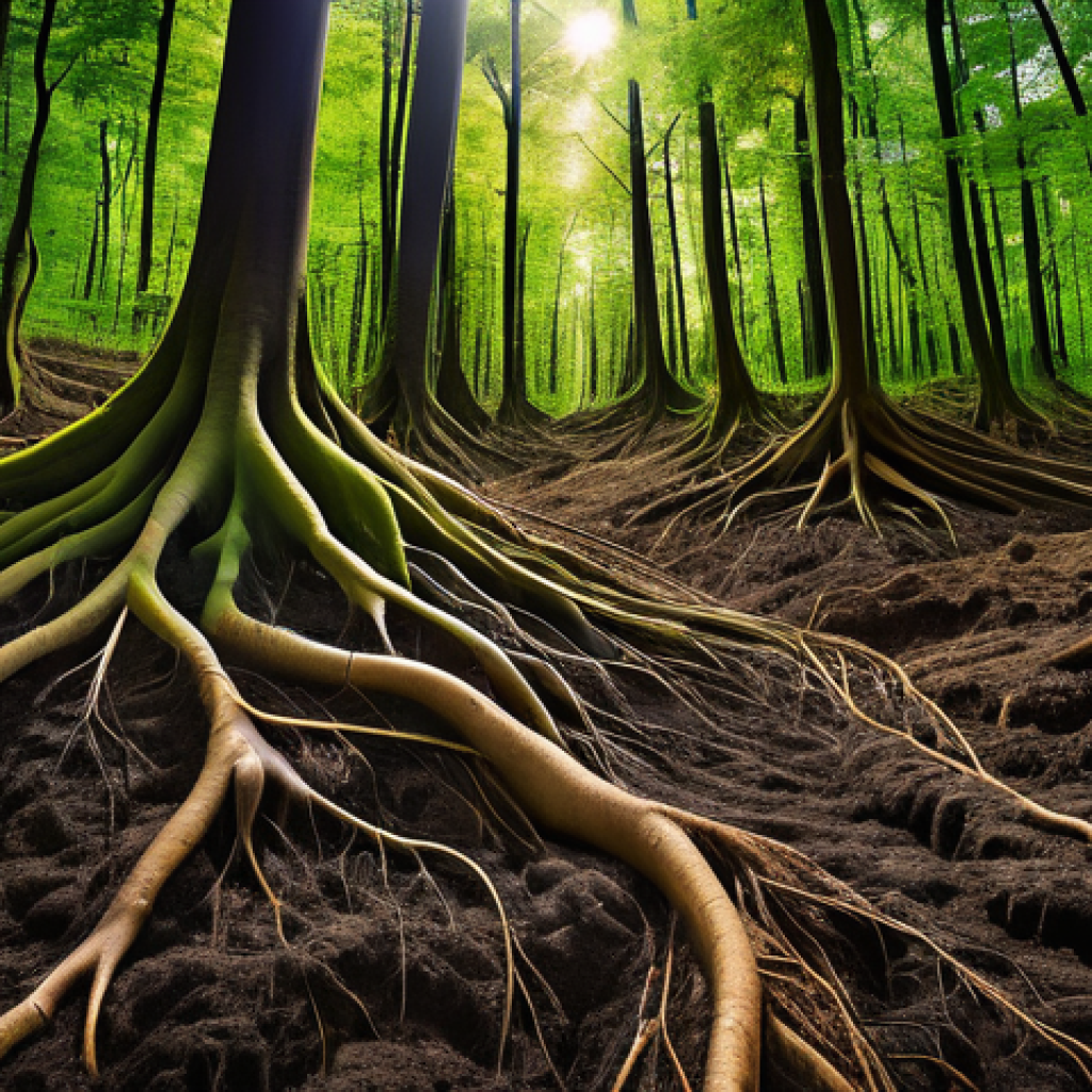 식물과 미생물의 관계 - **Prompt for "The Invisible Dialogue: Plant Roots and Soil Microbes"**
    "A highly detailed, macro...