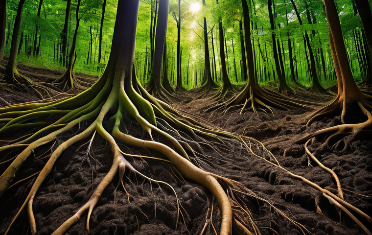 식물과 미생물의 관계 - **Prompt for "The Invisible Dialogue: Plant Roots and Soil Microbes"**
"A highly detailed, macro...