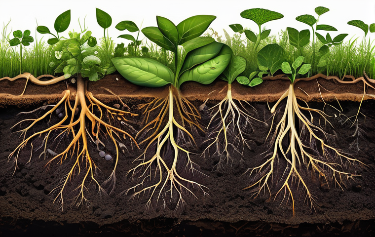 식물과 미생물의 관계 - **Prompt for "The Invisible Dialogue: Plant Roots and Soil Microbes"**
    "A highly detailed, macro...