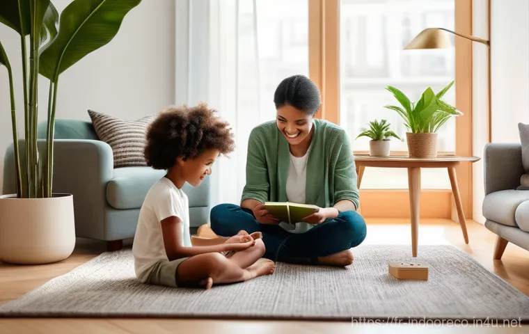 IoT 기반 실내 공기질 관리 - **Prompt:** A cozy, modern living room bathed in soft, natural morning light. A young, diverse famil...