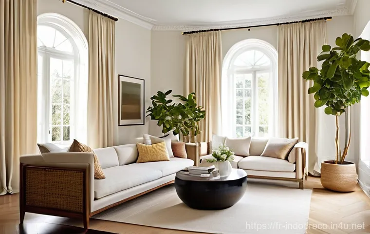 자연광과 실내 생태계 - **A Bright and Airy Living Room with Natural Light:**
"A spacious, modern living room bathed in ...