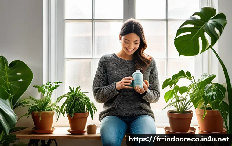 겨울철 식물 관리 - **Cozy Winter Oasis: Indoor Plant Misting and Humidity**
A peaceful, well-lit indoor scene in wi...