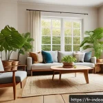 지속 가능한 실내 생태계 - A cozy, eco-friendly living room interior featuring natural materials such as solid wood furniture, ...