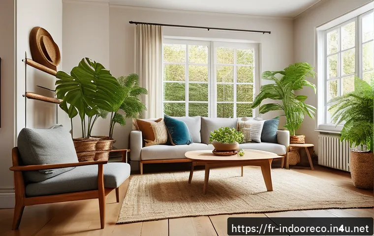 지속 가능한 실내 생태계 - A cozy, eco-friendly living room interior featuring natural materials such as solid wood furniture, ...