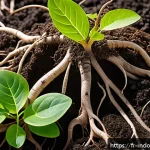 식물의 뿌리 관리 - A detailed close-up view of healthy plant roots thriving in a rich, aerated soil mixture composed of...