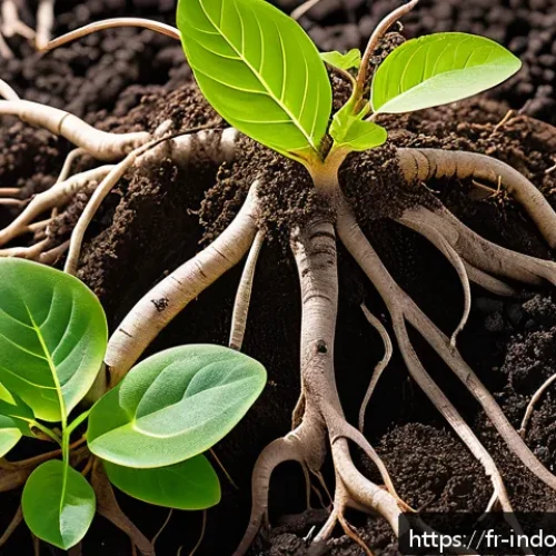식물의 뿌리 관리 - A detailed close-up view of healthy plant roots thriving in a rich, aerated soil mixture composed of...