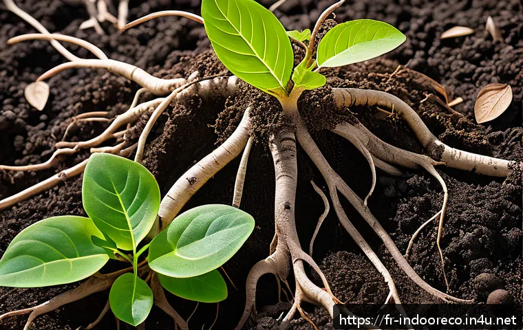 식물의 뿌리 관리 - A detailed close-up view of healthy plant roots thriving in a rich, aerated soil mixture composed of...