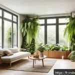미생물 기반 실내 환경 관리 - A modern French living room interior showcasing a biophilic design with abundant green indoor plants...