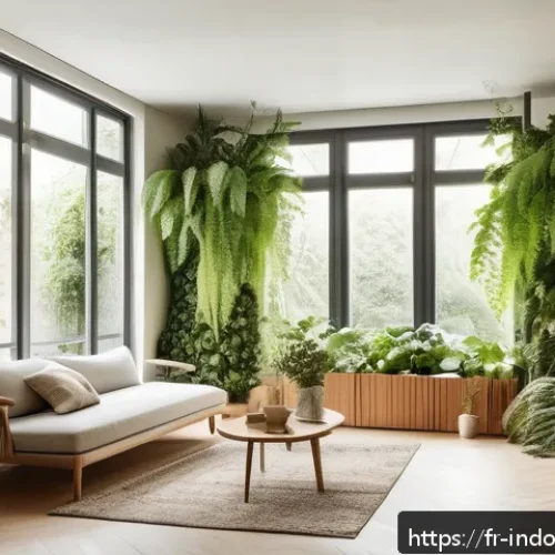 미생물 기반 실내 환경 관리 - A modern French living room interior showcasing a biophilic design with abundant green indoor plants...