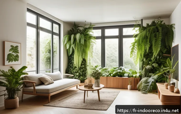미생물 기반 실내 환경 관리 - A modern French living room interior showcasing a biophilic design with abundant green indoor plants...
