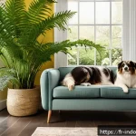 반려동물과 실내 생태계 - A cozy, sunlit French living room with a medium-sized dog and a sleek cat peacefully resting on a so...