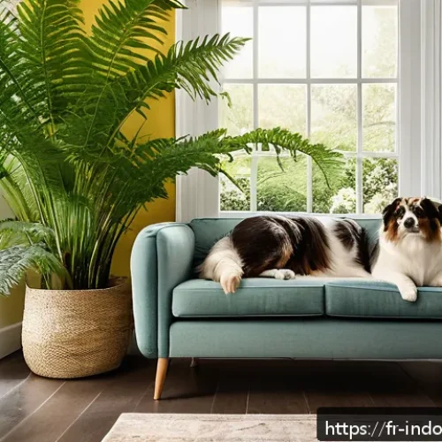 반려동물과 실내 생태계 - A cozy, sunlit French living room with a medium-sized dog and a sleek cat peacefully resting on a so...