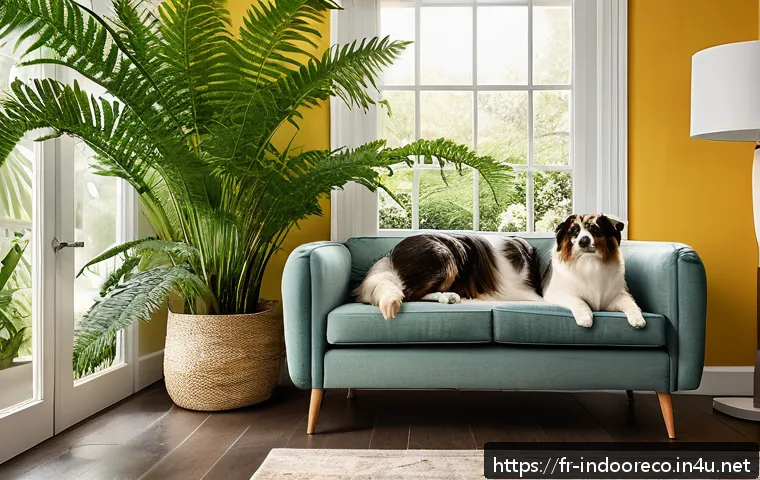반려동물과 실내 생태계 - A cozy, sunlit French living room with a medium-sized dog and a sleek cat peacefully resting on a so...