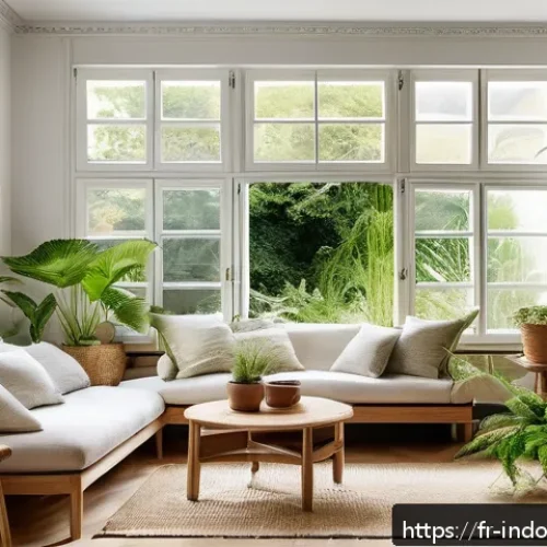 실내 미생물군의 균형 - A cozy, sunlit French living room featuring large open windows with sheer curtains gently blowing in...