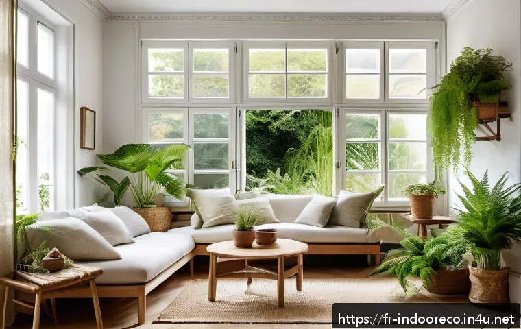 실내 미생물군의 균형 - A cozy, sunlit French living room featuring large open windows with sheer curtains gently blowing in...