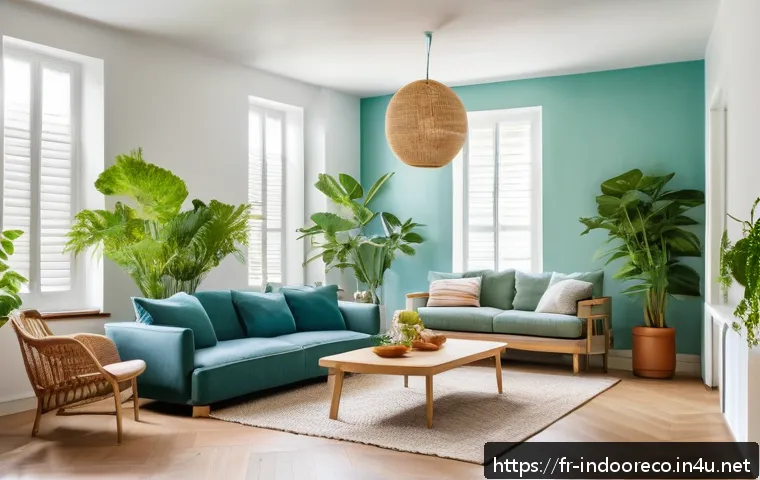 실내 생물 다양성의 중요성 - A bright and cozy modern living room in a French apartment, filled with a variety of lush indoor pla...