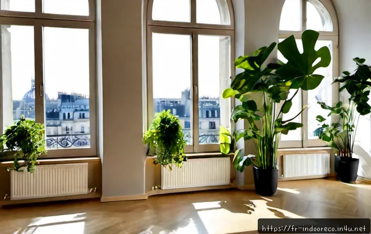 스마트 조명 시스템과 식물 - Photorealistic modern Paris apartment living room with a sleek smart lighting system casting adjusta...
