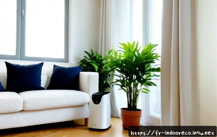 실내 미세먼지 대책 - Photorealistic bright French apartment living room, a modern white air purifier operating beside a s...