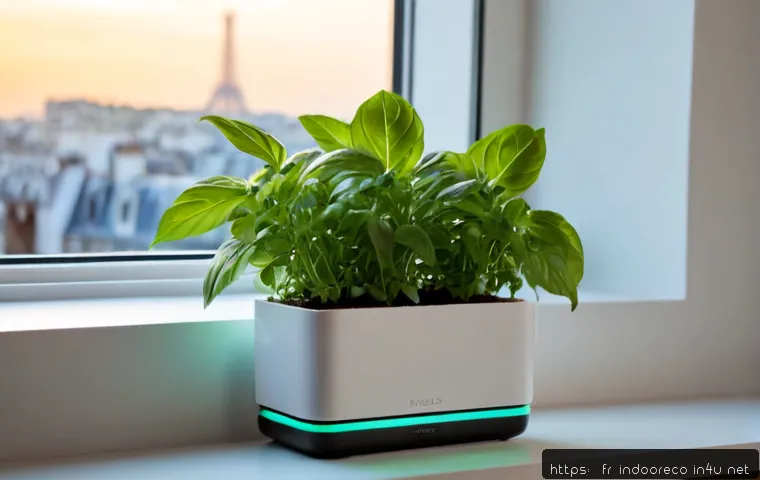 Home 17 스마트 화분 시스템 - Photorealistic smart planter system on a sunlit Paris apartment windowsill, thriving basil and mint ...