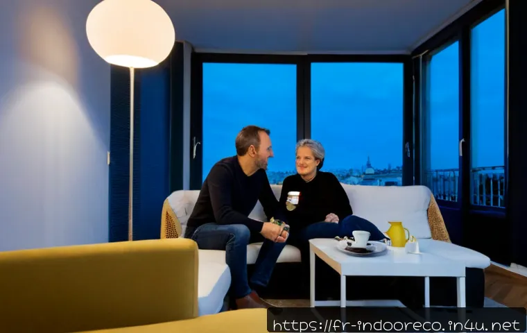 Home 17 전력 절약형 조명 사용 - Photorealistic French apartment living room in Paris at early evening, a stylish energy-efficient LE...
